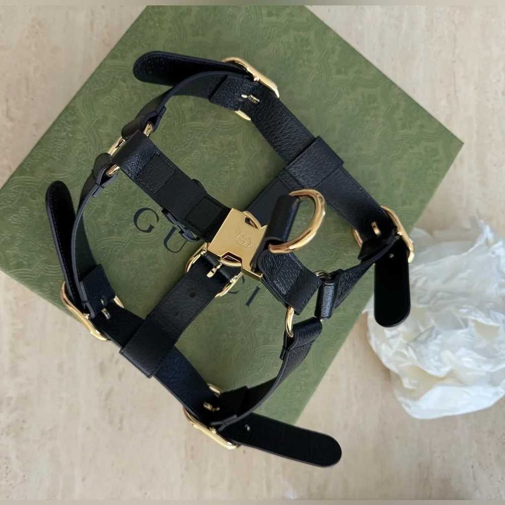 NWB Gucci GG Logo Leather Pet - Dog Black Harness Size L